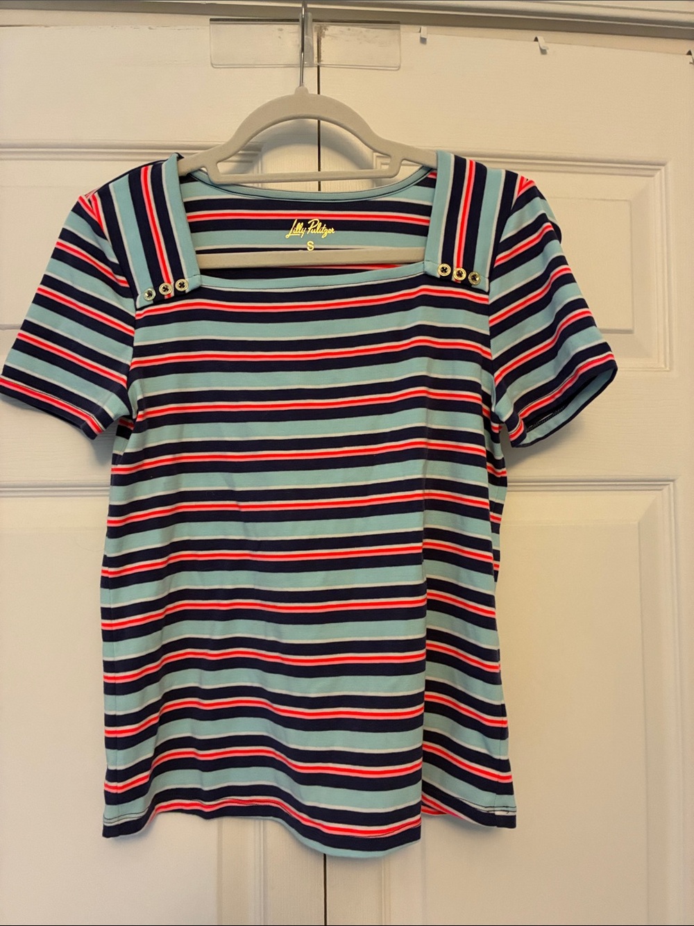 Lilly Pulitzer  Beaty Striped Square Neck Top in Aqua & Navy